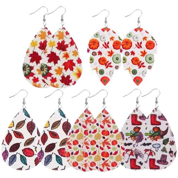 Autumn Earrings Faux Leather Leaves Turkey Rain Pilgrim Thanksgiving Dangle NEW - Picture 2 of 4